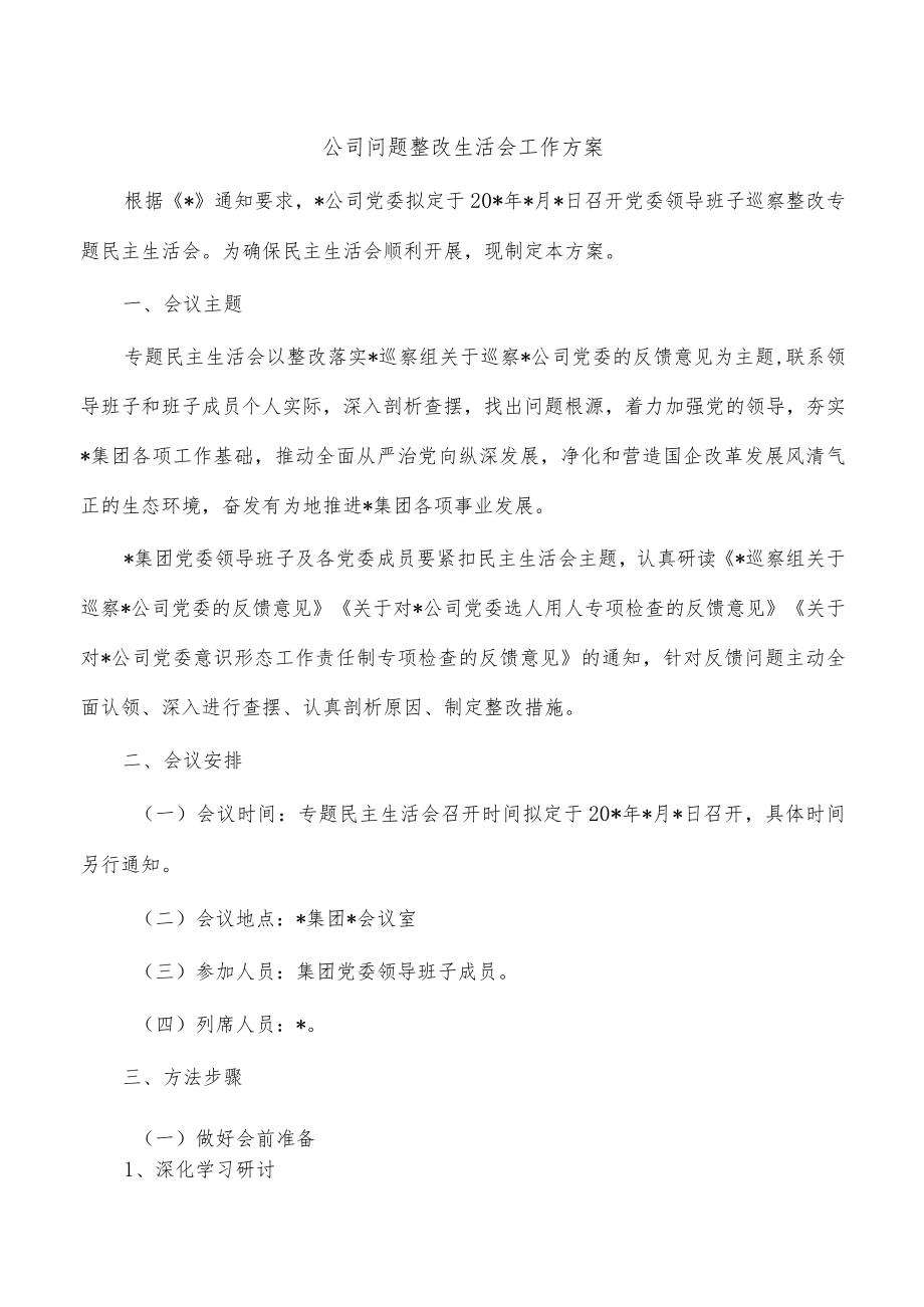 公司问题整改生活会工作方案.docx_第1页