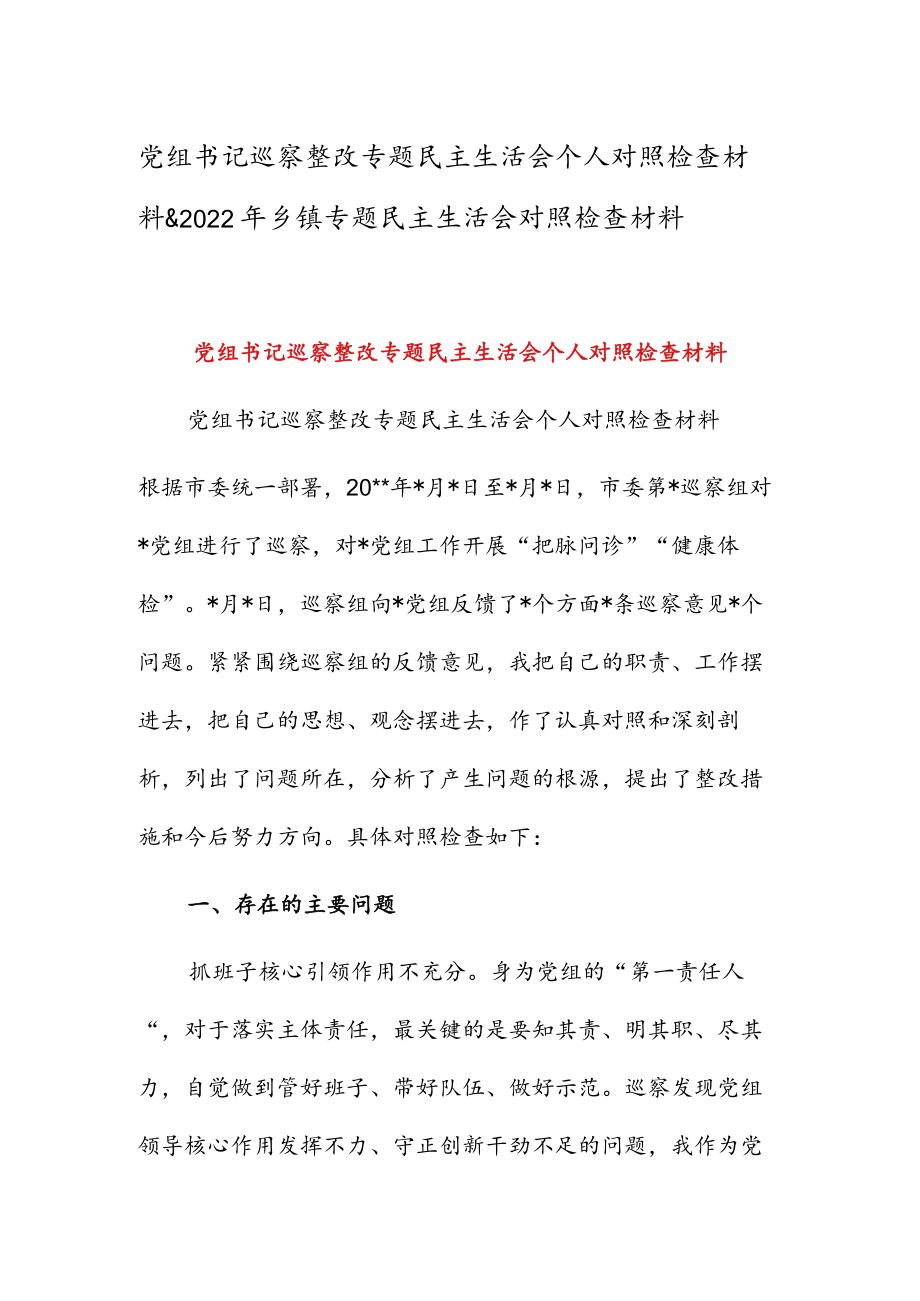 党组书记巡察整改专题民主生活会个人对照检查材料 & 2022年乡镇专题民主生活会对照检查材料.docx_第1页