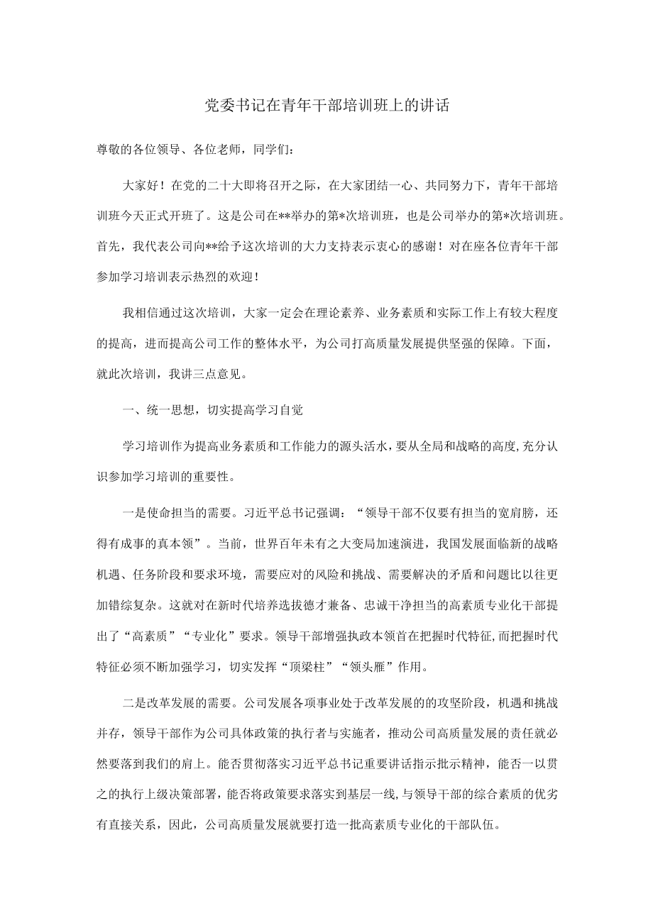 党委书记在青年干部培训班上的讲话.docx_第1页