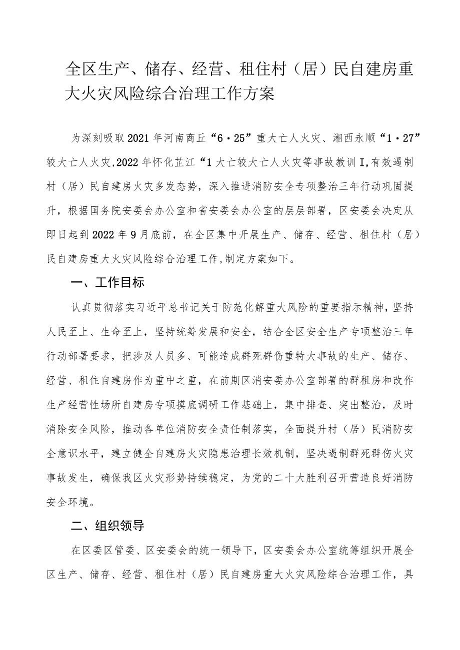 全区生产、储存、经营、租住村（居）民自建房重大火灾风险综合治理工作方案.docx_第1页