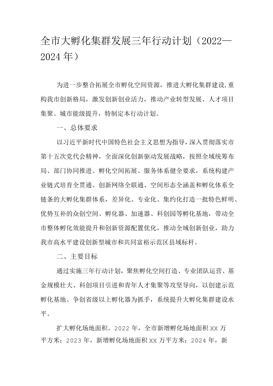 全市大孵化集群发展三年行动计划（2022—2024年）.docx_第1页