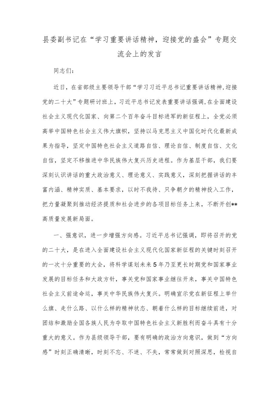 县委副书记在“学习重要讲话精神迎接党的盛会”专题交流会上的发言.docx_第1页