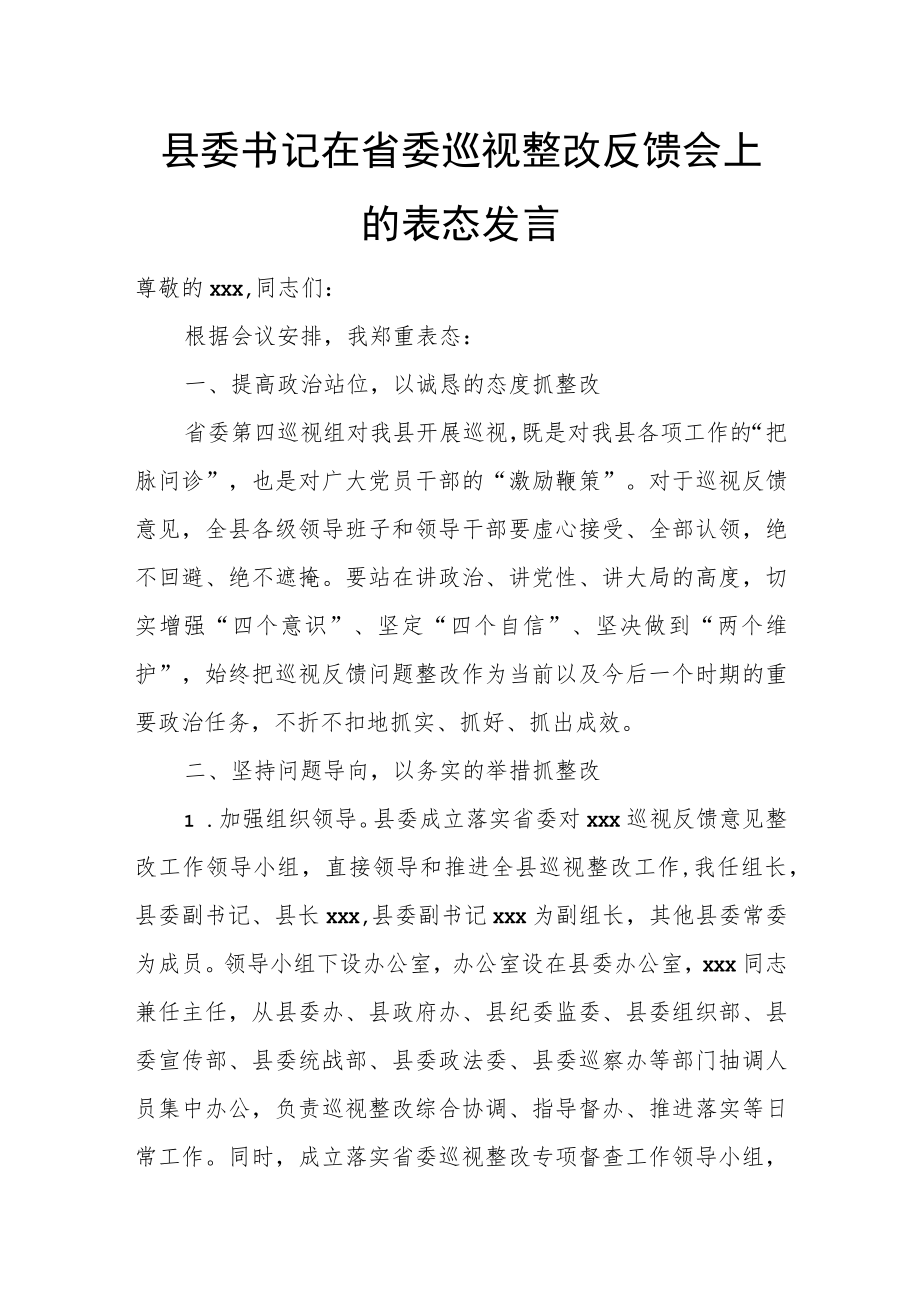 县委书记在省委巡视整改反馈会上的表态发言.docx_第1页