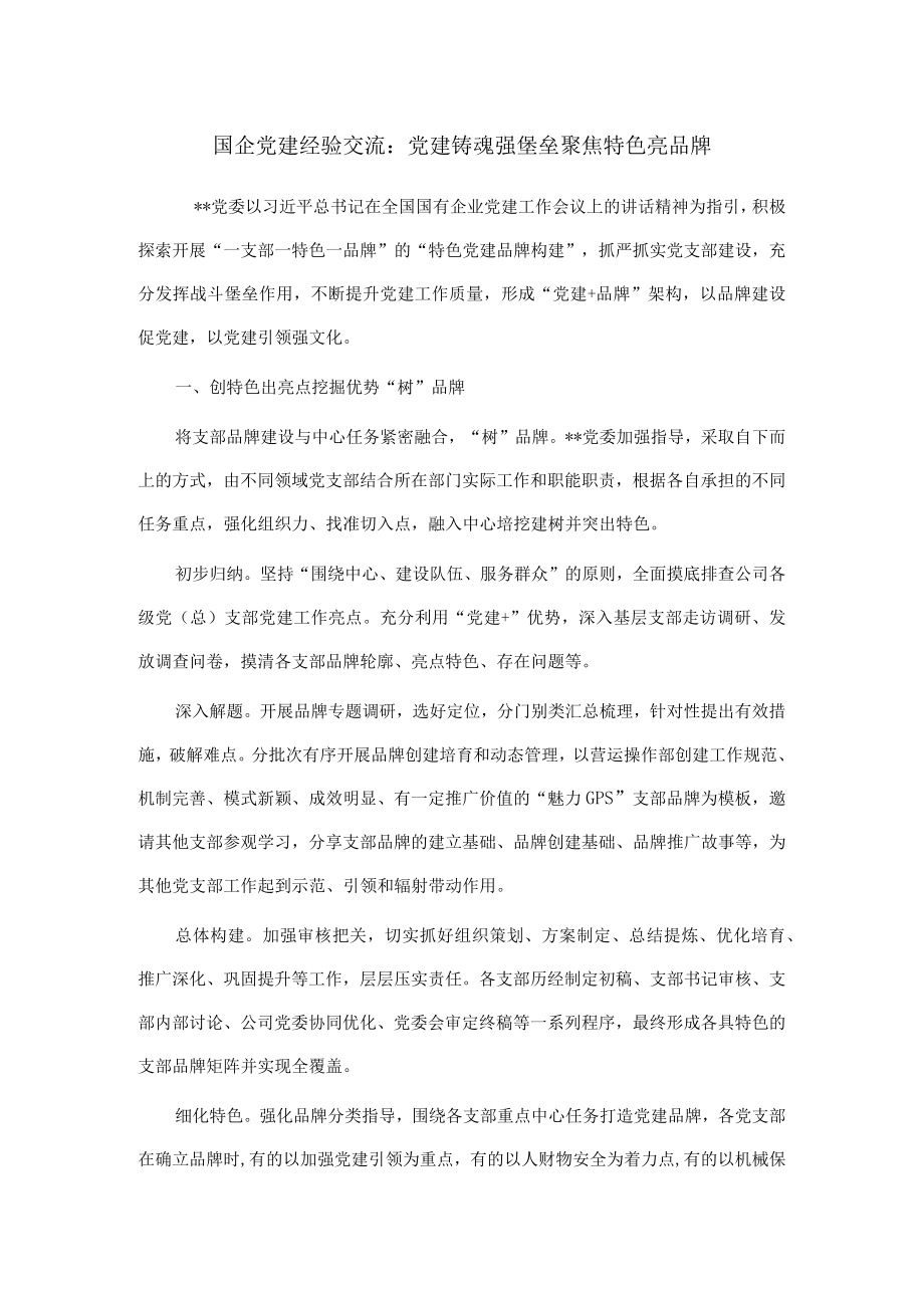 国企党建经验交流：党建铸魂强堡垒 聚焦特色亮品牌.docx_第1页