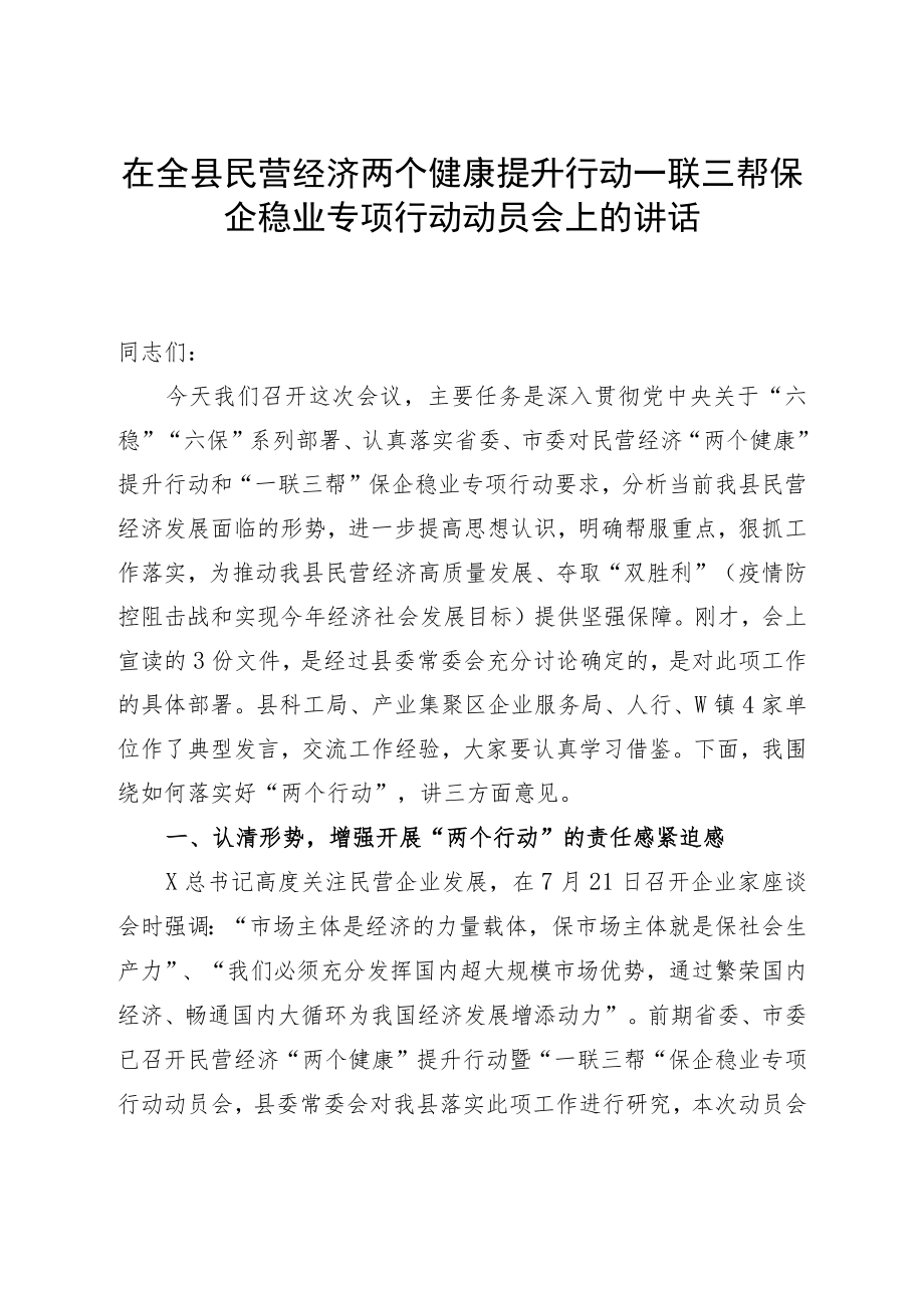 在全县民营经济两个健康提升行动一联三帮保企稳业专项行动动员会上的讲话.docx_第1页