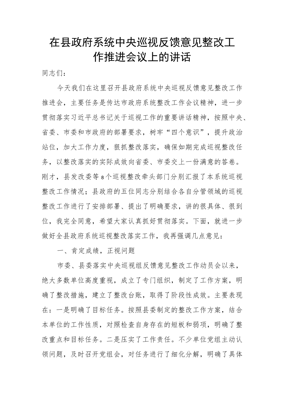 在县政府系统中央巡视反馈意见整改工作推进会议上的讲话.docx_第1页