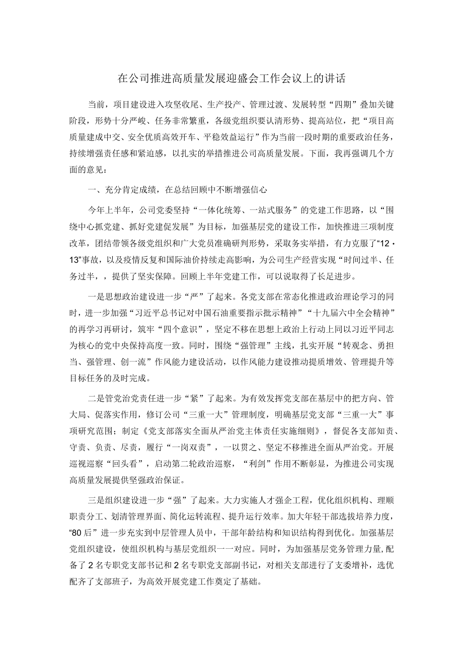 在公司推进高质量发展迎盛会工作会议上的讲话.docx_第1页