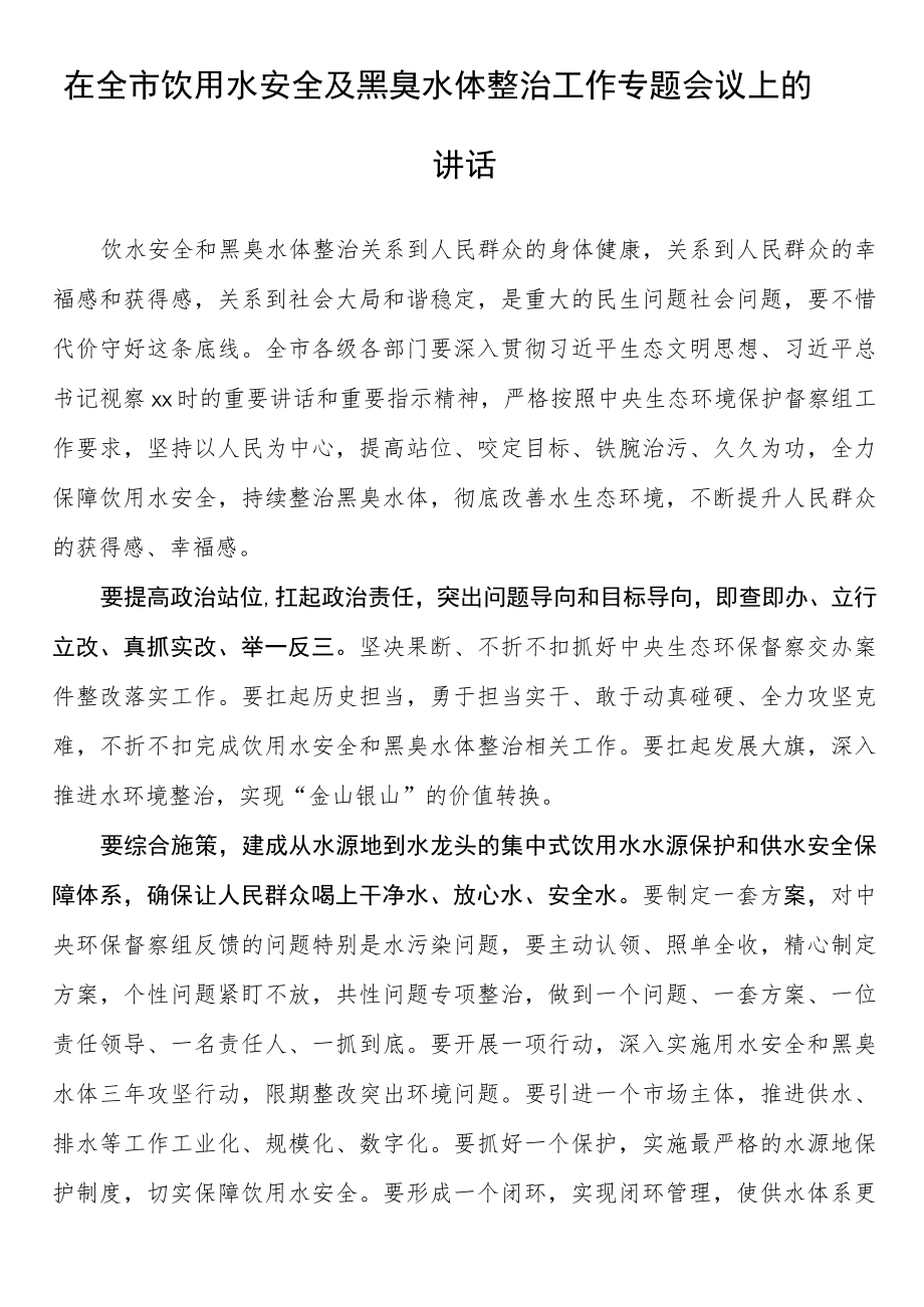 在全市饮用水安全及黑臭水体整治工作专题会议上的讲话.docx_第1页