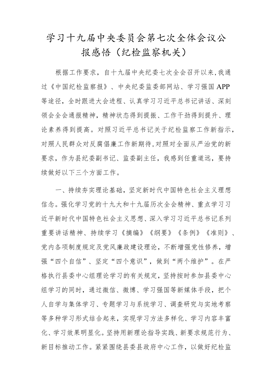 学习十九届中央委员会第七次全体会议公报感悟（纪检监察机关）.docx_第1页