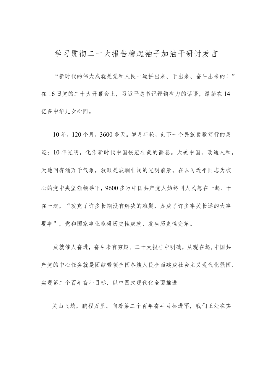 学习贯彻二十大报告撸起袖子加油干研讨发言.docx_第1页