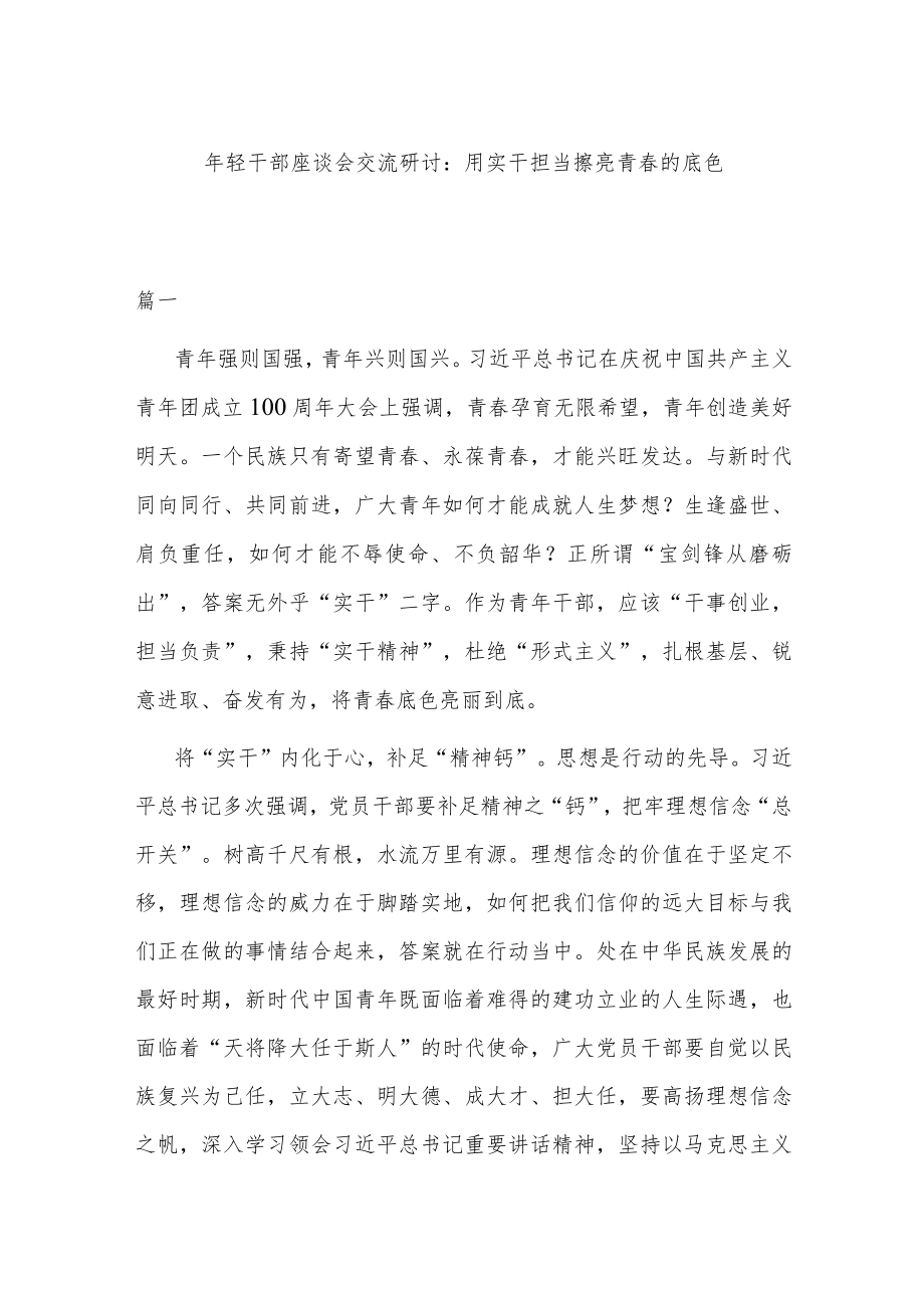 年轻干部座谈会交流研讨：用实干担当擦亮青春的底色.docx_第1页