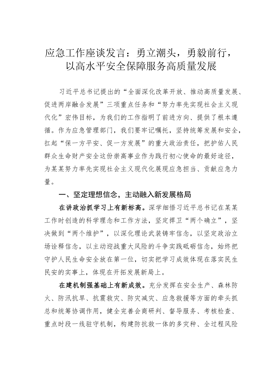 应急工作座谈发言：勇立潮头勇毅前行以高水平安全保障服务高质量发展.docx_第1页