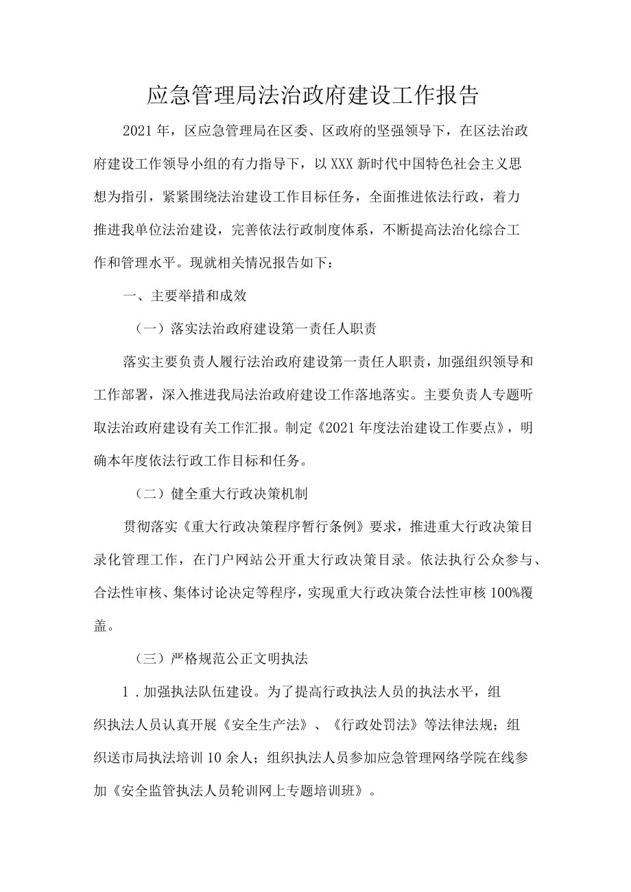 应急管理局法治政府建设工作报告.docx_第1页