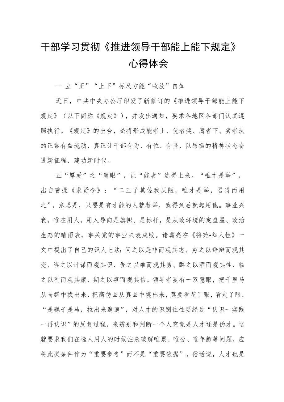 干部学习贯彻《推进领导干部能上能下规定》心得体会.docx_第1页