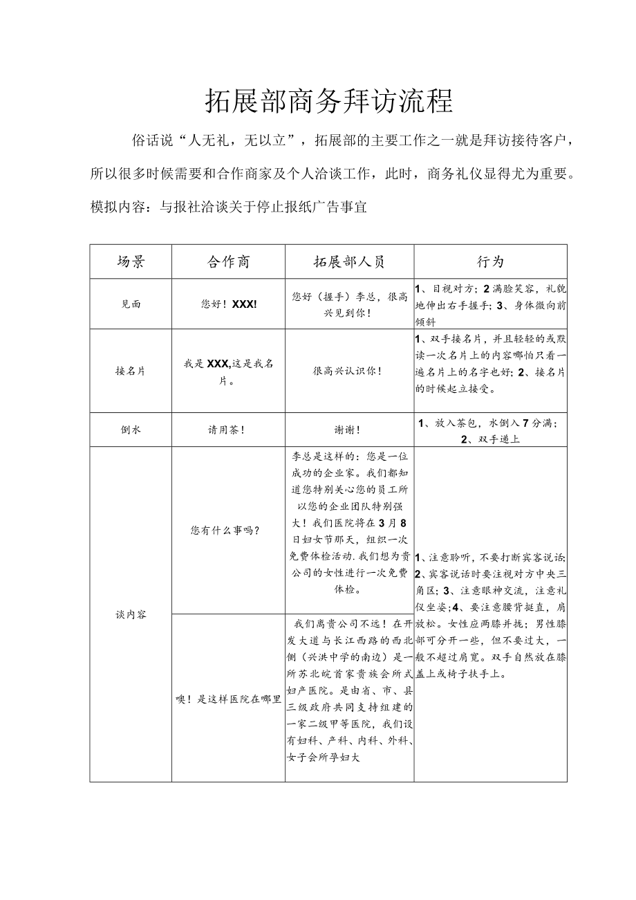 妇产医院拓展部商务拜访流程.docx_第1页