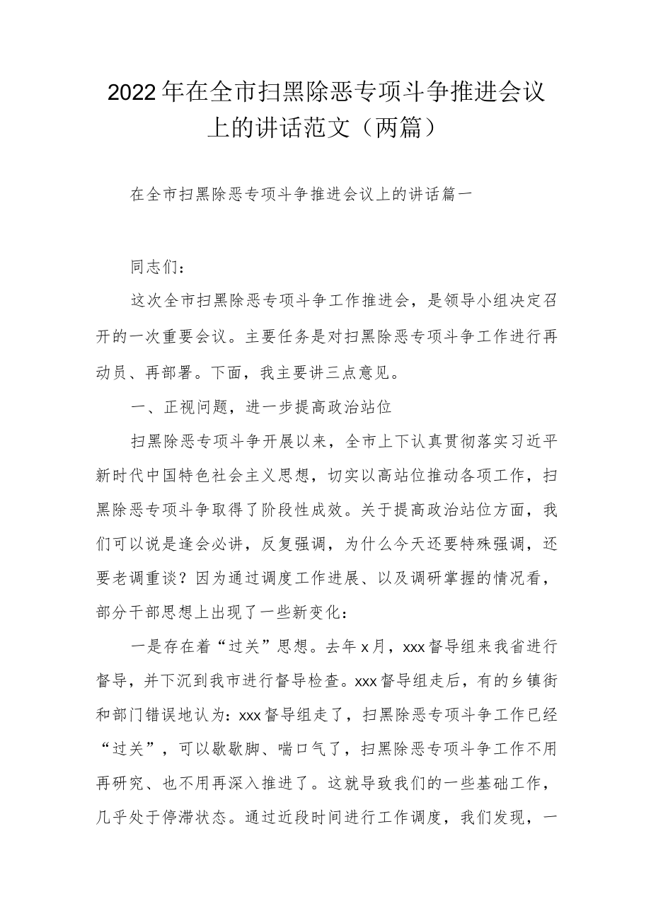 2022年在全市扫黑除恶专项斗争推进会议上的讲话范文（两篇）.docx_第1页