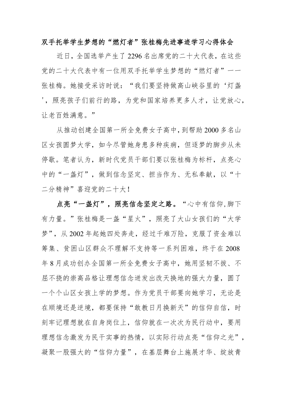 双手托举学生梦想的“燃灯者”张桂梅先进事迹学习心得体会3篇.docx_第1页