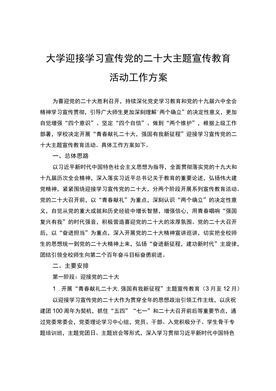 大学迎接学习宣传党的二十大主题宣传教育方案.docx_第1页