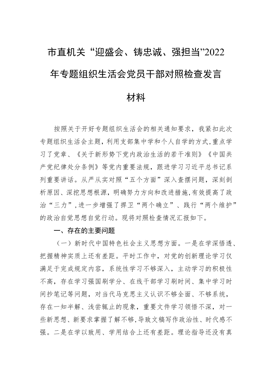 市直机关“迎盛会、铸忠诚、强担当”2022专题组织生活会党员干部对照检查发言材料.docx_第2页