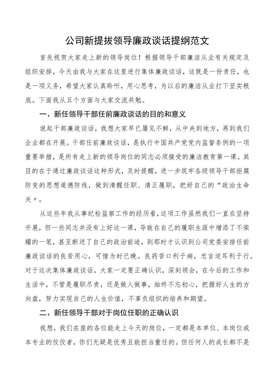 廉政谈话公司新提拔领导廉政谈话提纲集团企业新任职谈话会讲话.docx_第1页