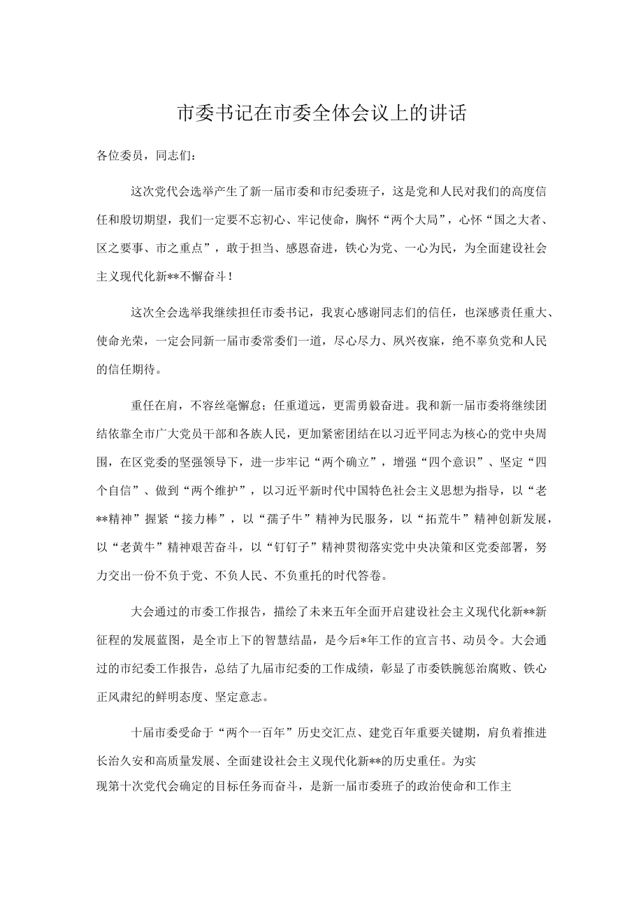 市委书记在市委全体会议上的讲话.docx_第1页