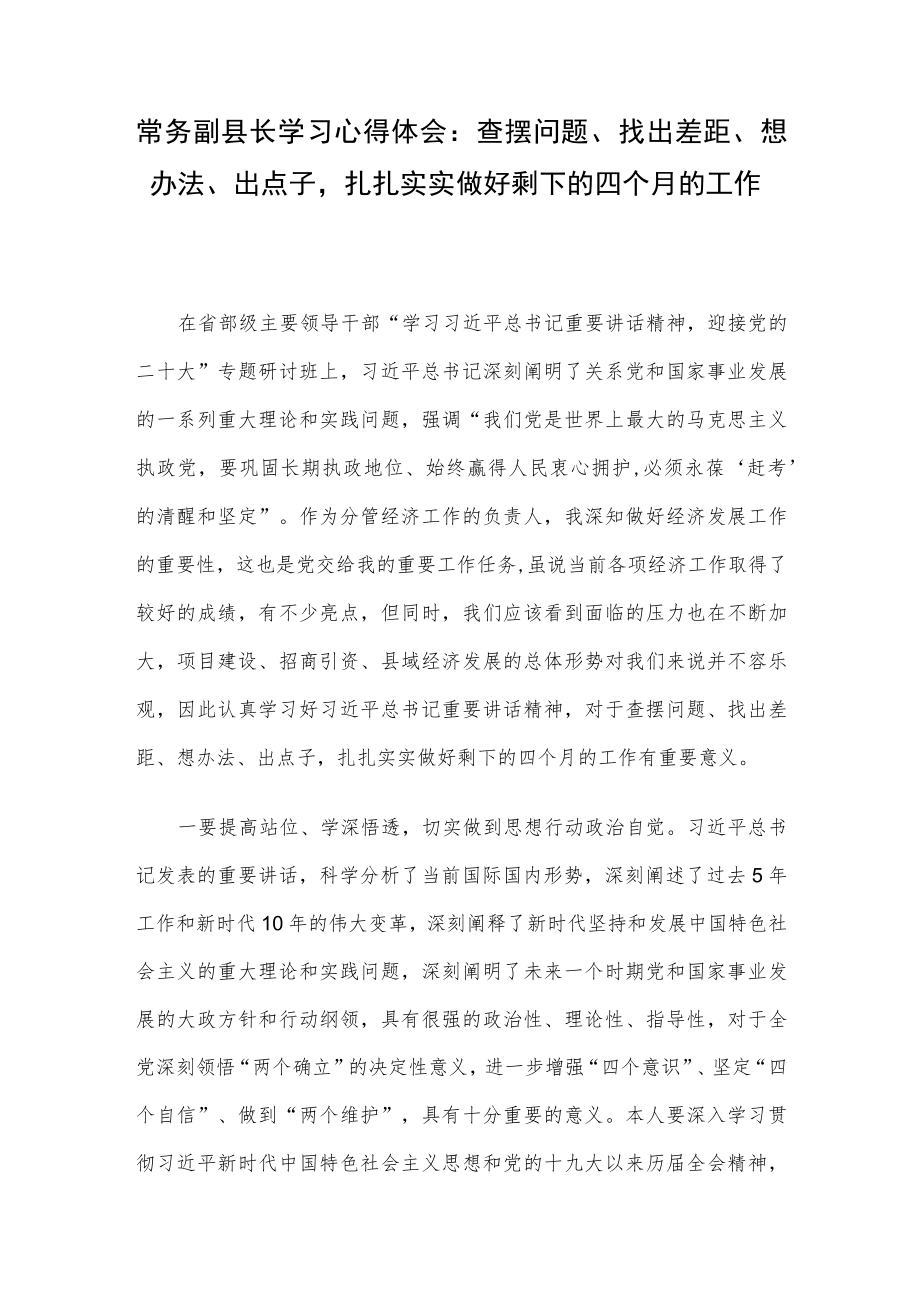 常务副县长学习心得体会：查摆问题、找出差距、想办法、出点子扎扎实实做好剩下的四个月的工作.docx_第1页