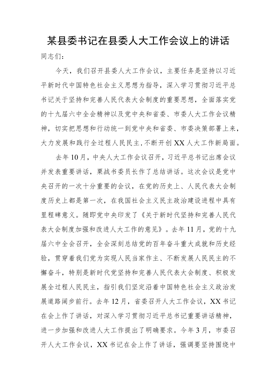 某县委书记在县委人大工作会议上的讲话.docx_第1页