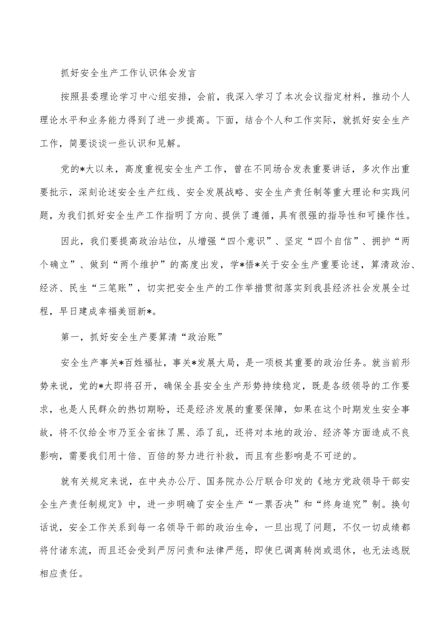 抓好安全生产工作认识体会发言.docx_第1页