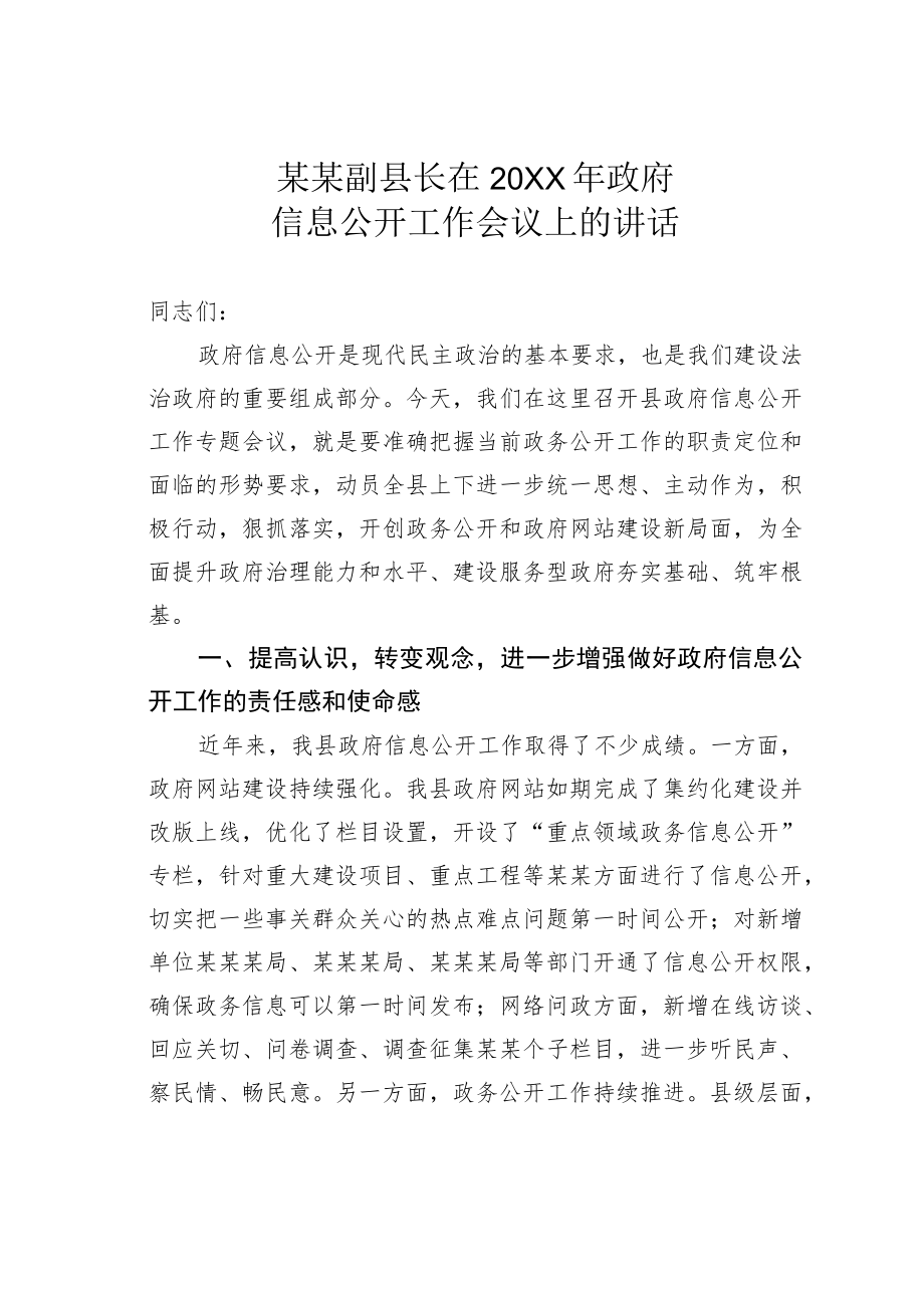 某某副县长在2022年政府信息公开工作会议上的讲话.docx_第1页