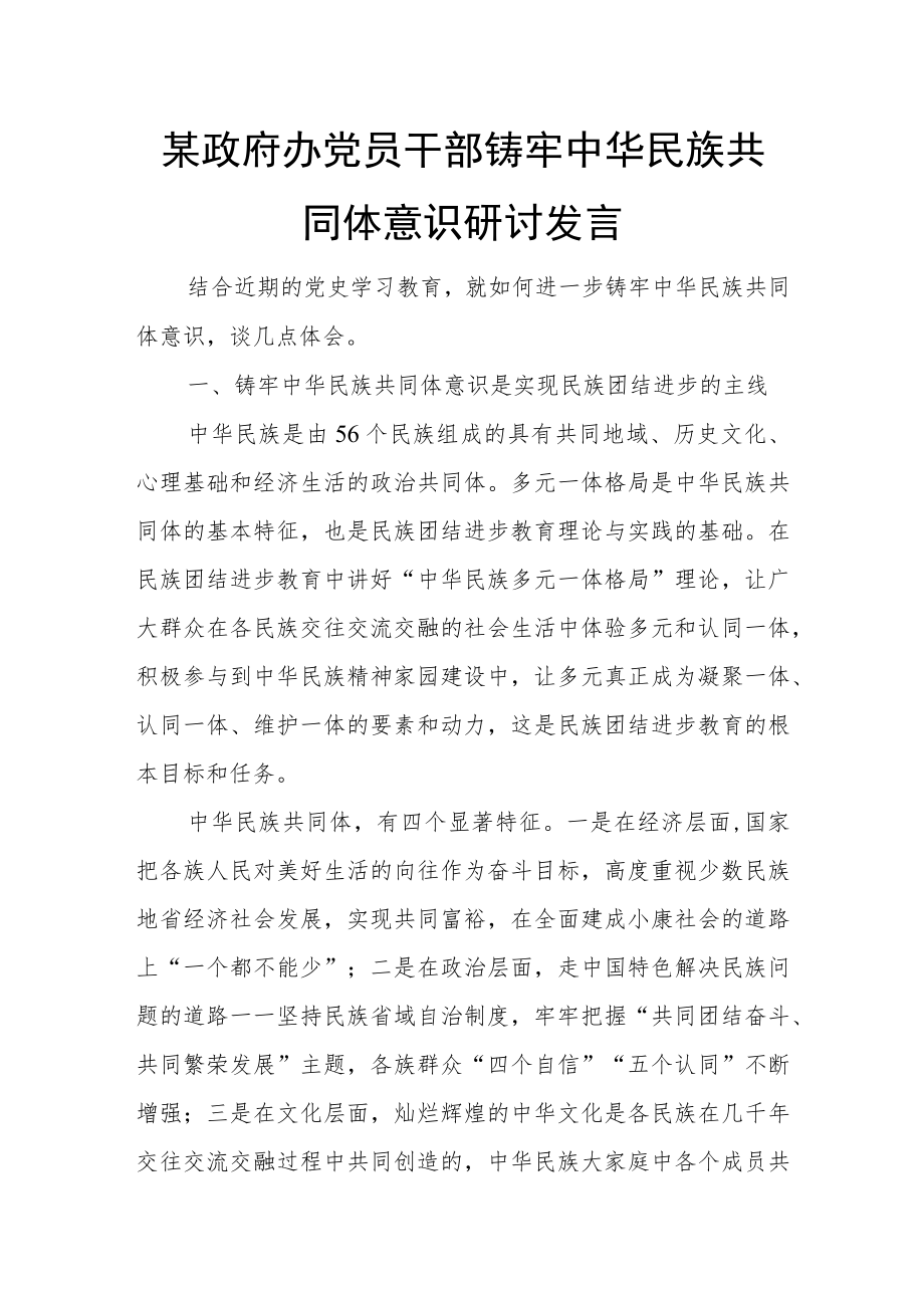 某政府办党员干部铸牢中华民族共同体意识研讨发言.docx_第1页