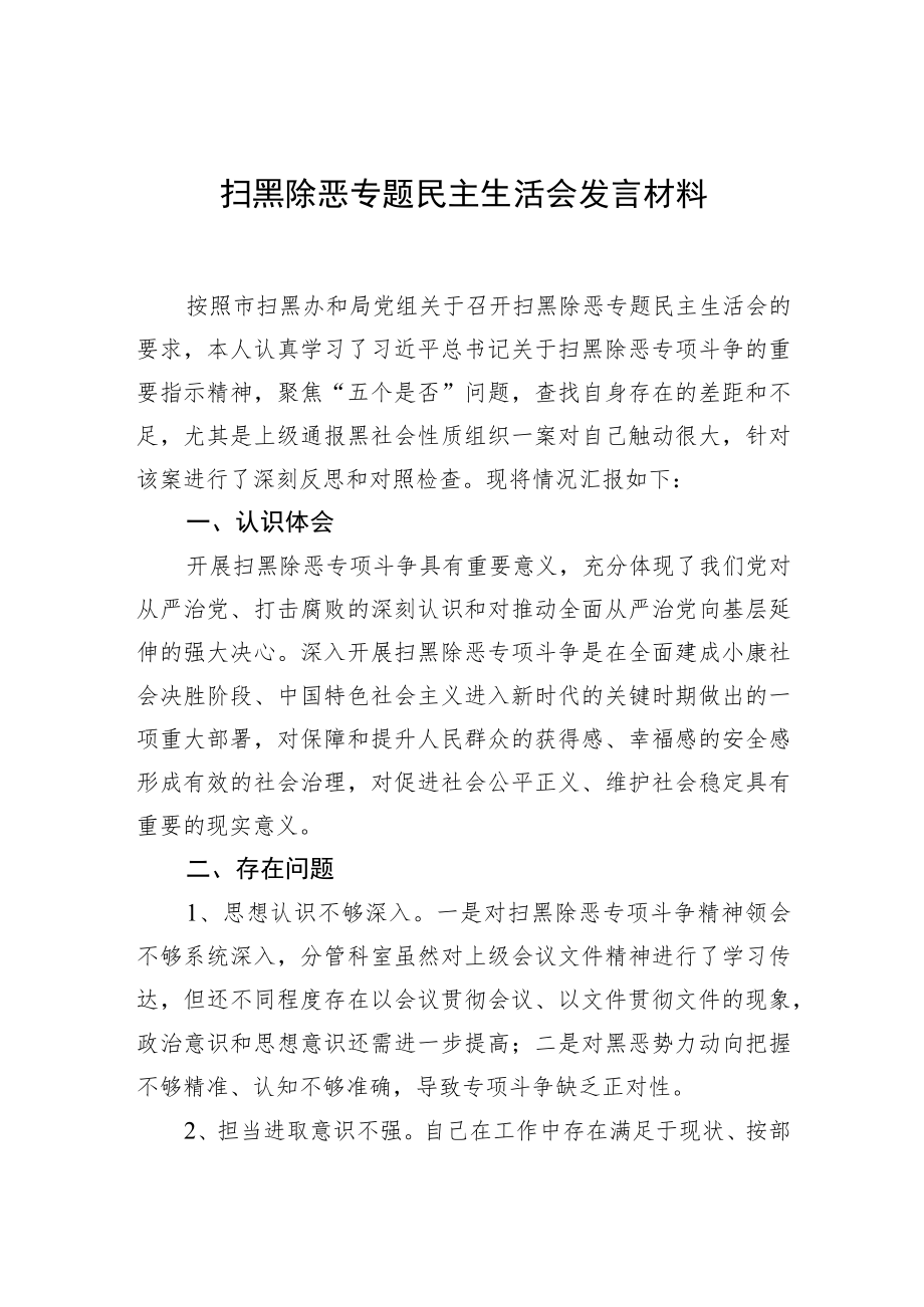 扫黑除恶专题民主生活会发言材料.docx_第1页