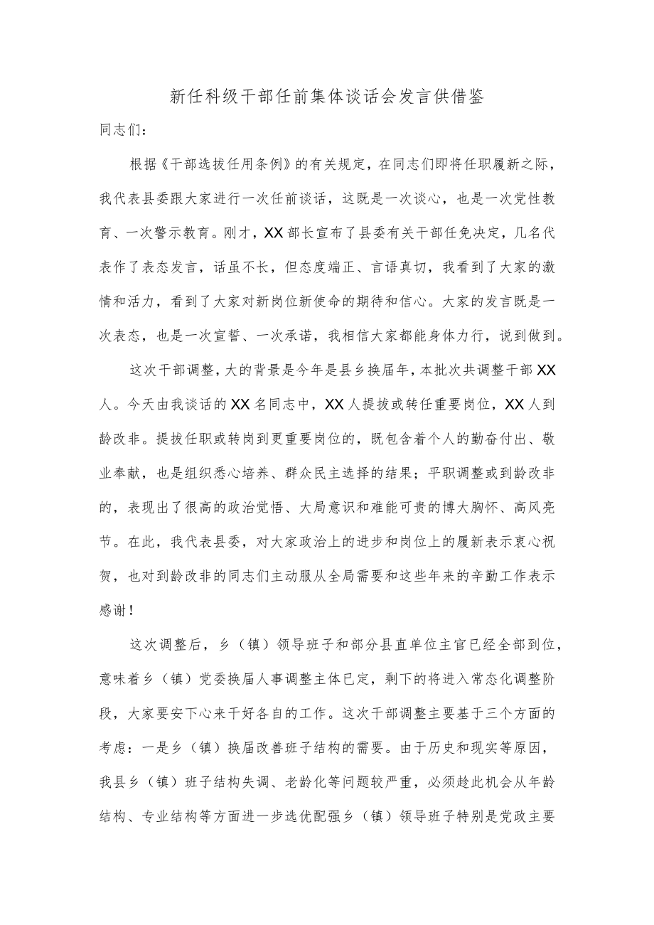 新任科级干部任前集体谈话会发言供借鉴.docx_第1页