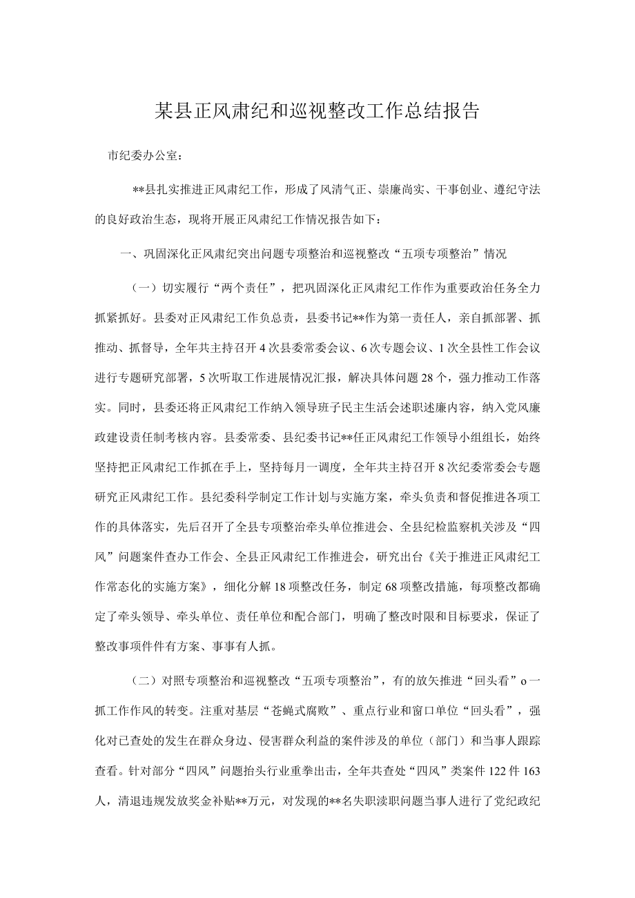 某县正风肃纪和巡视整改工作总结报告.docx_第1页