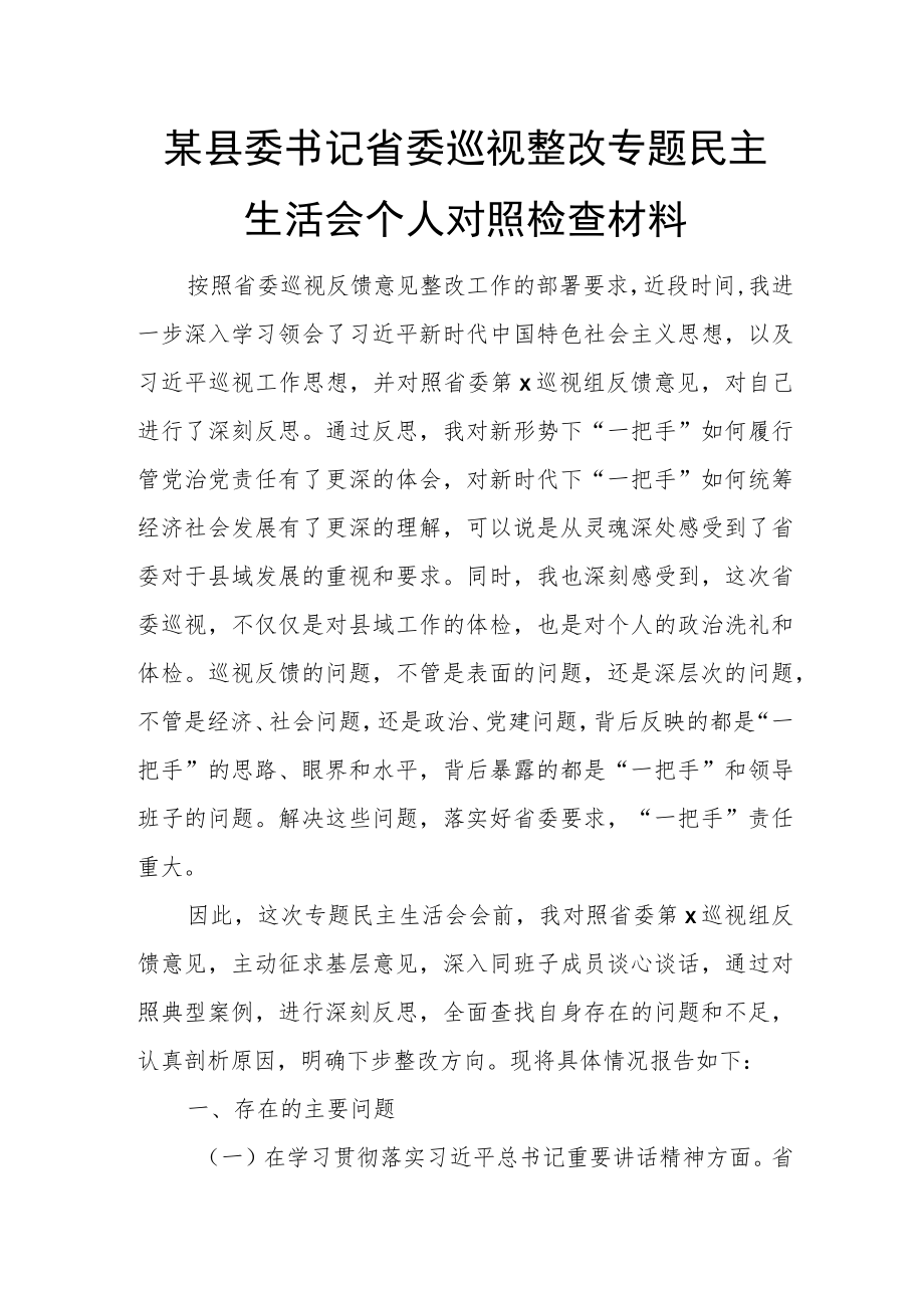 某县委书记省委巡视整改专题民主生活会个人对照检查材料.docx_第1页