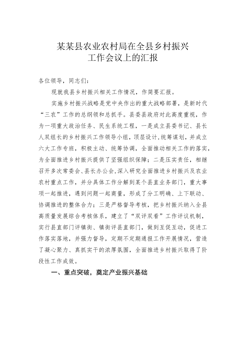 某某县农业农村局在全县乡村振兴工作会议上的汇报.docx_第1页