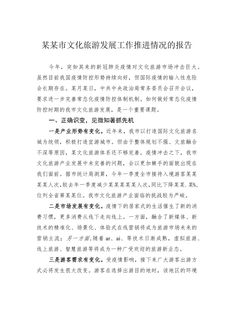 某某市文化旅游发展工作推进情况的报告.docx_第1页