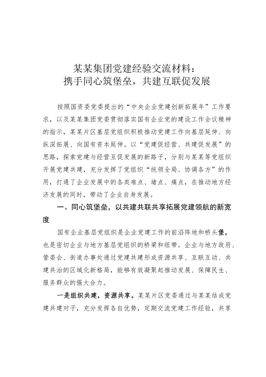 某某集团党建经验交流材料：携手同心筑堡垒共建互联促发展.docx_第1页