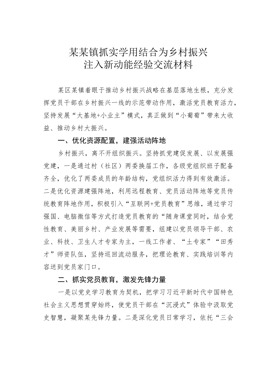 某某镇抓实学用结合为乡村振兴注入新动能经验交流材料.docx_第1页