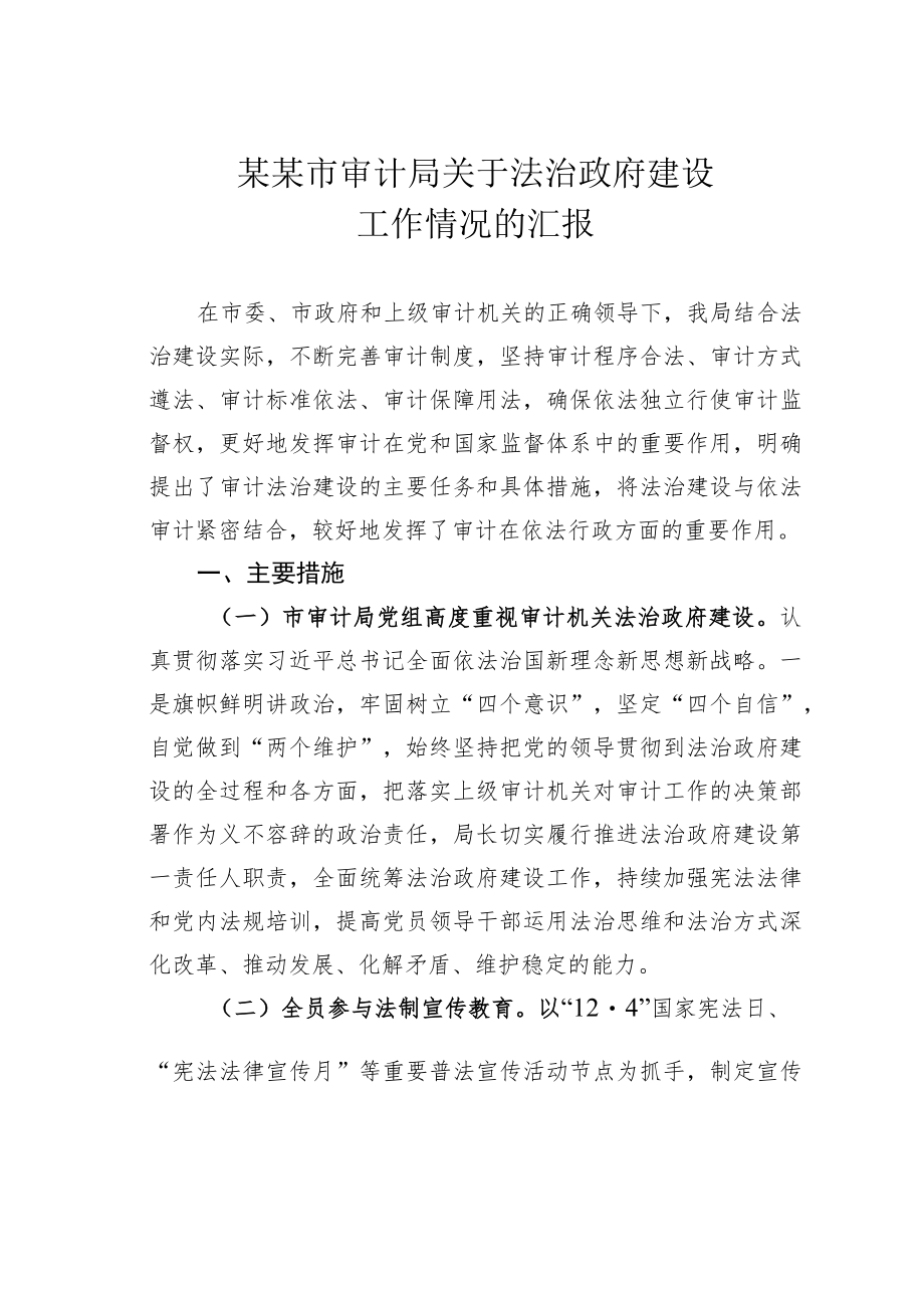 某某市审计局关于法治政府建设工作情况的汇报.docx_第1页