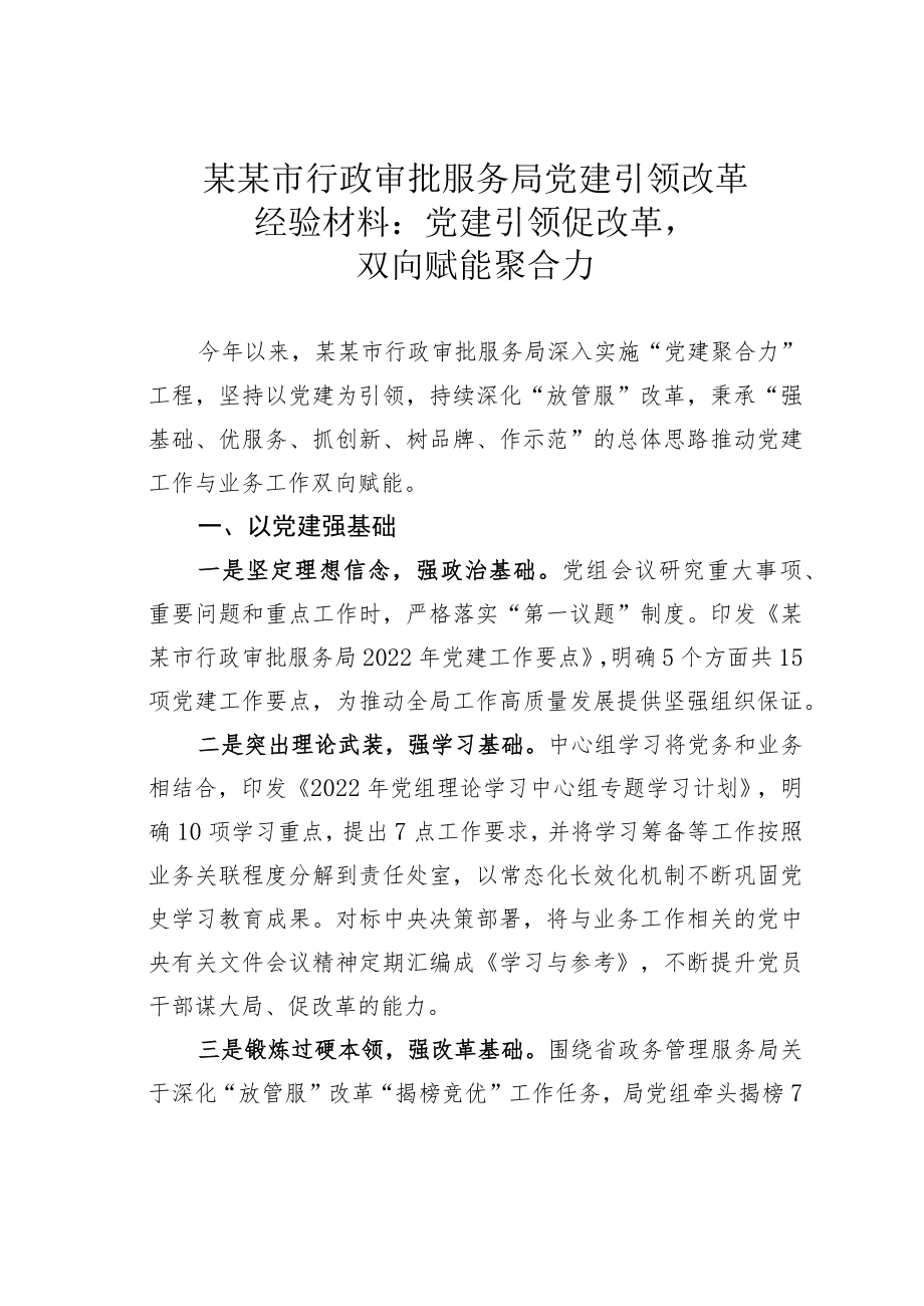 某某市行政审批服务局党建引领改革经验材料：党建引领促改革双向赋能聚合力.docx_第1页