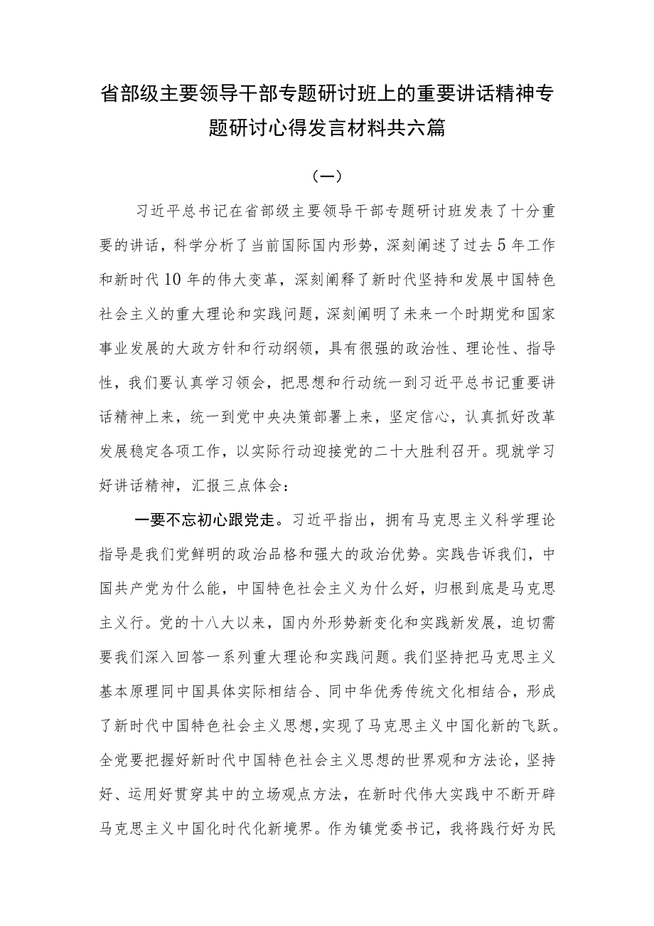 省部级主要领导干部专题研讨班上的重要讲话精神专题研讨心得发言材料共六篇.docx_第1页