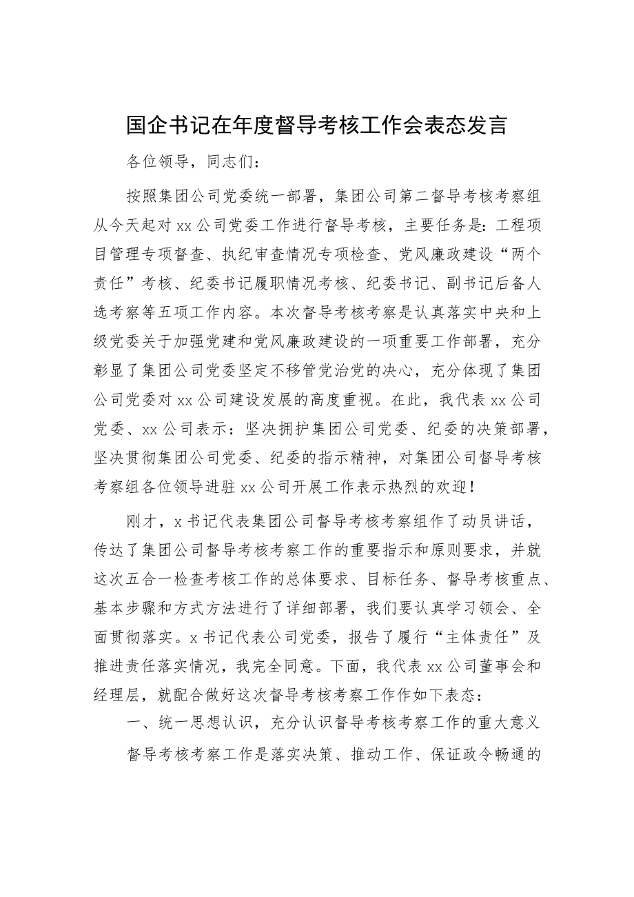 国企书记在年度督导考核工作会表态发言（公司）.docx_第1页