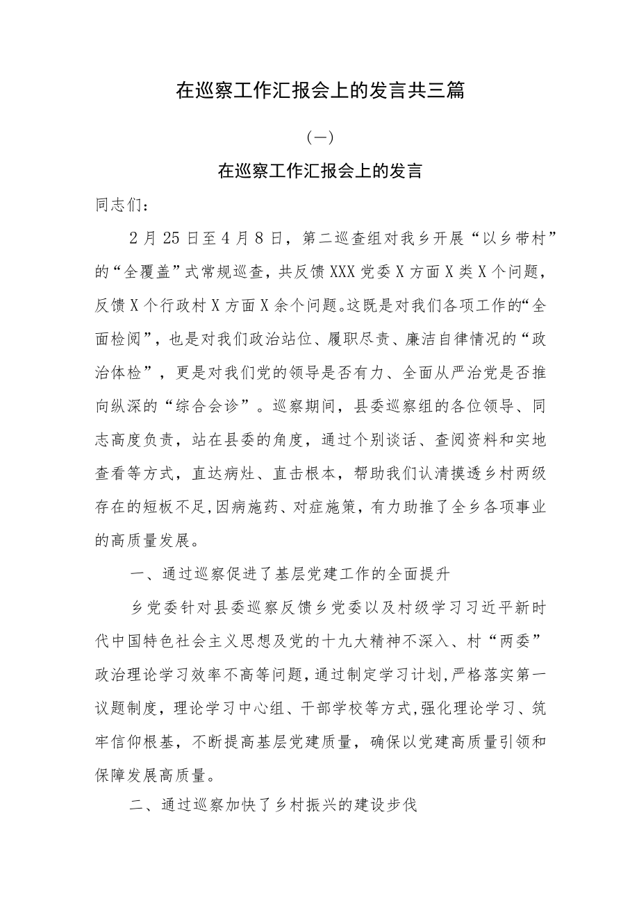 在巡察工作汇报会上的发言共三篇.docx_第1页