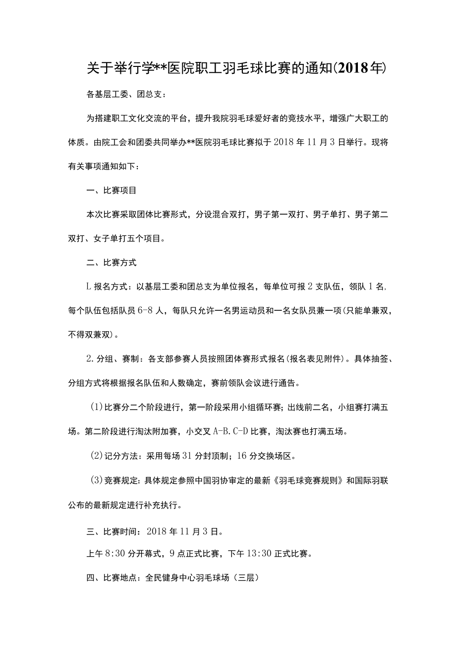 关于举行医院职工羽毛球比赛的通知.docx_第1页