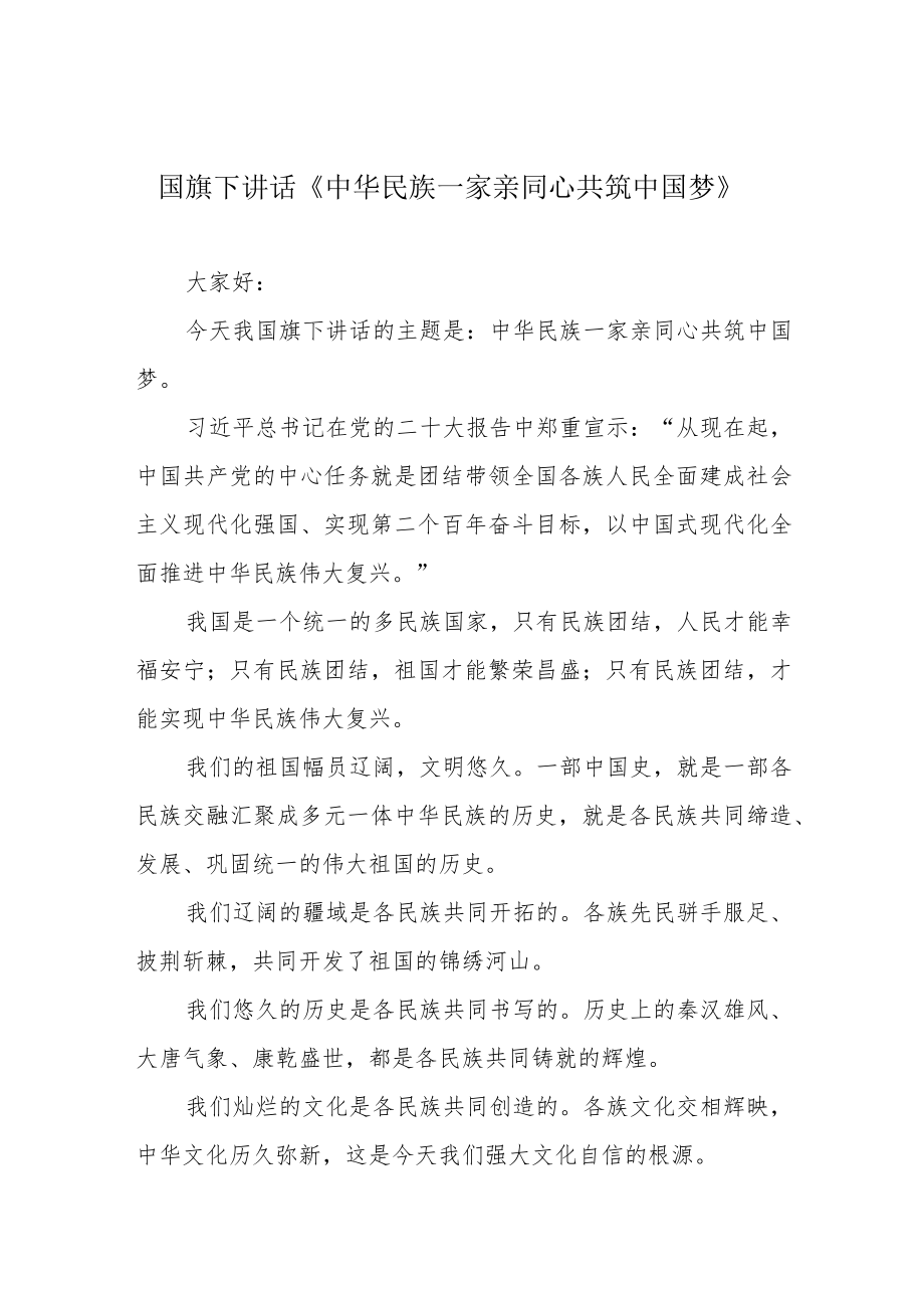国旗下讲话《中华民族一家亲 同心共筑中国梦》.docx_第1页