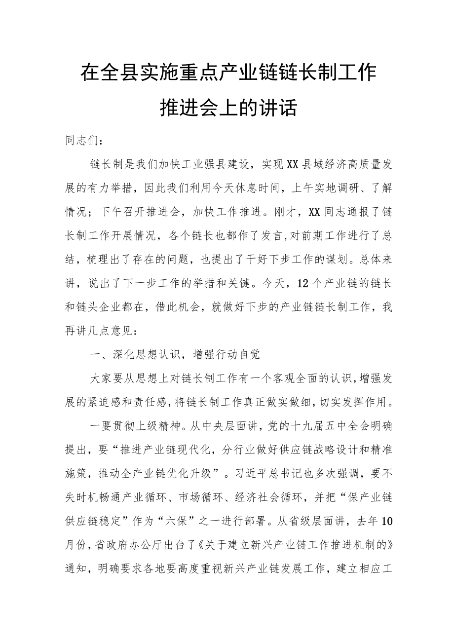 在全县实施重点产业链链长制工作推进会上的讲话.docx_第1页