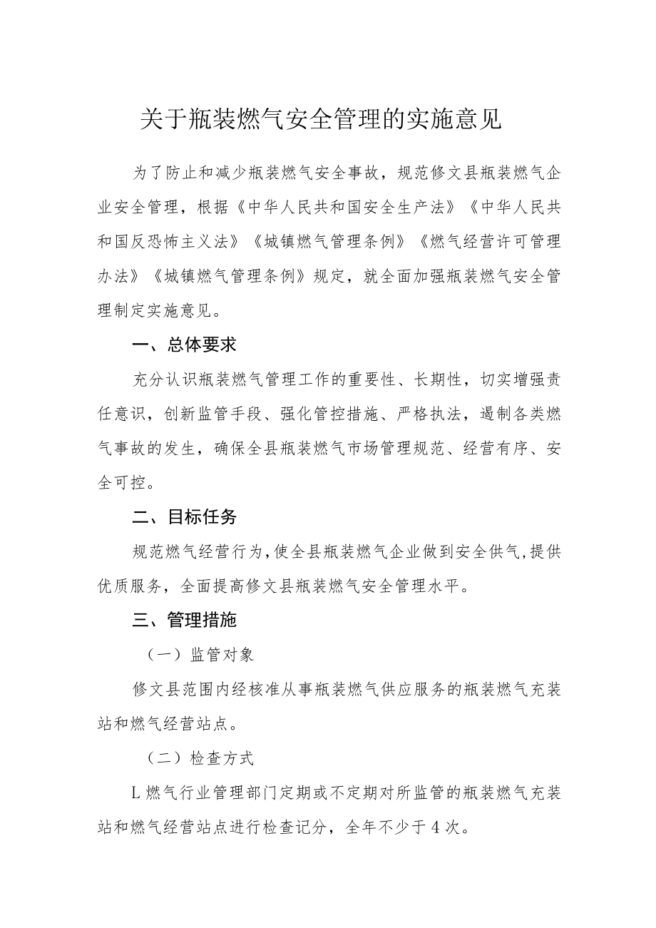 关于瓶装燃气安全管理的实施意见.docx_第1页