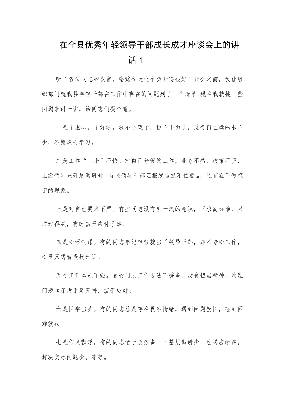 在全县优秀年轻领导干部成长成才座谈会上的讲话2篇.docx_第1页