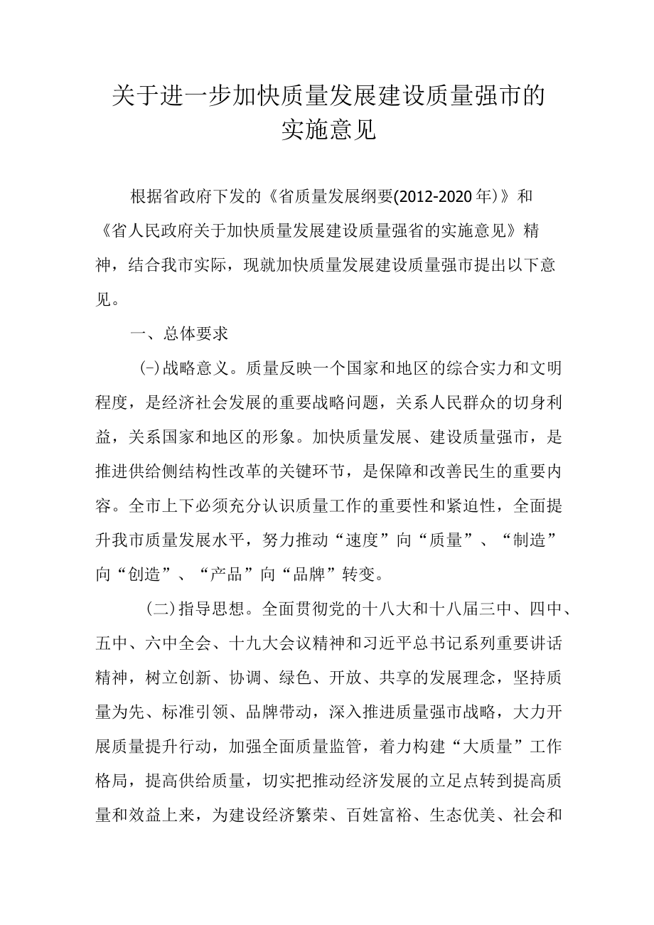 关于进一步加快质量发展建设质量强市的实施意见.docx_第1页