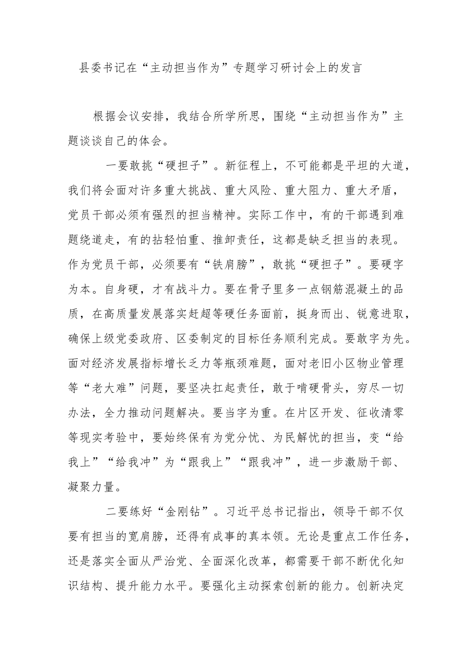 县委书记在“主动担当作为”专题学习研讨会上的发言.docx_第1页